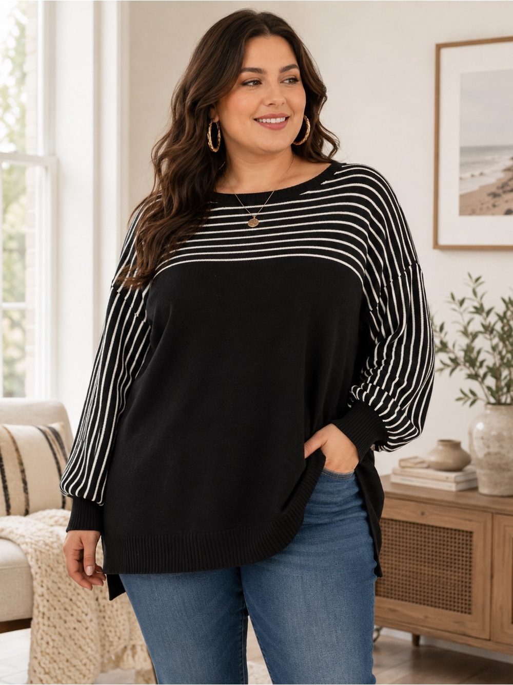 BloomChic Stripe Boat Neck Balloon Sleeve Pullover Sweater NWT Size 28